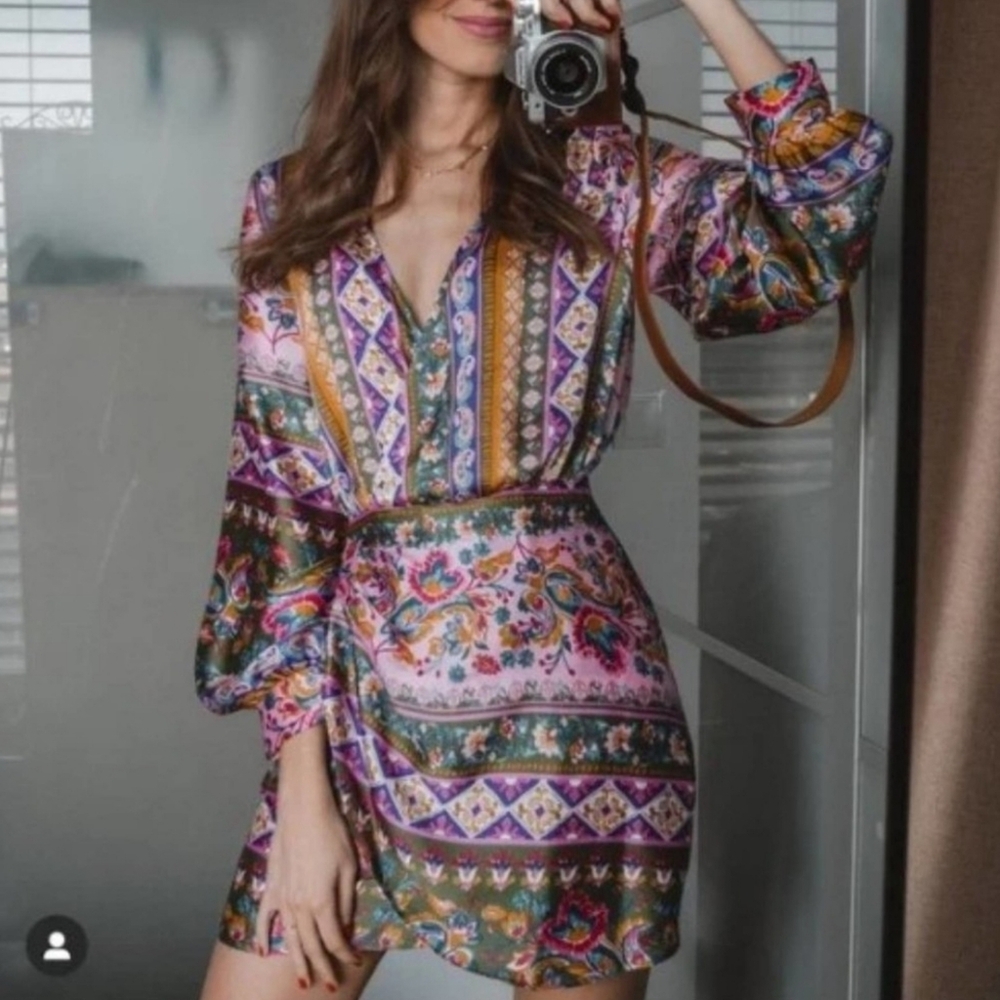 ZARA SATIIN EFFECT FLORAL MIXED PRINT PAISLEY DRESS